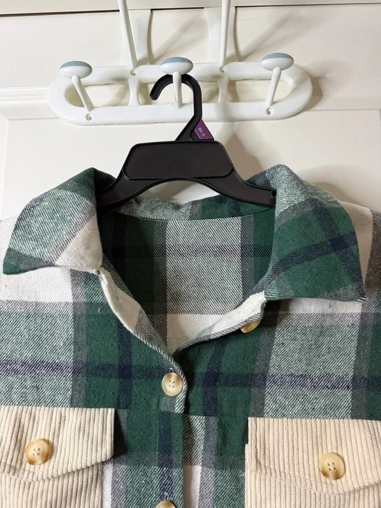 SHEIN Green, Cream and Gray Plaid Corduroy-Sleeve Button-Down Shacket - Picture 5 of 7